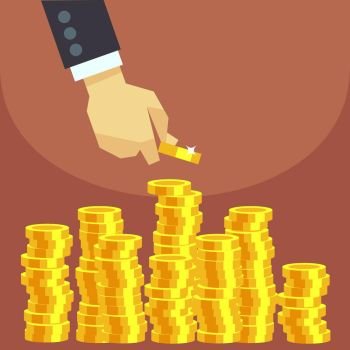 Hand put gold coins to stack vector business finance concept. Hand put gold coins to stack vector business finance concept. Investment financial and growth money illustration