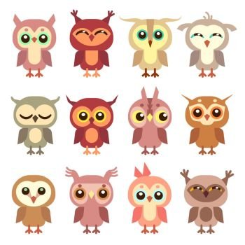 Cute owl vector flat characters set. Cute owl vector flat characters set. Illustration of cartoon bird owl
