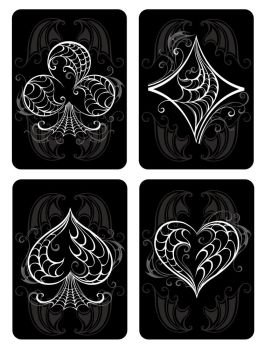 Black playing cards with white symbols. Symbols of playing cards. Symbols of playing cards, heart, diamond, spade and club.
. Black playing cards