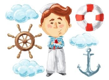 Cartoon vector illustration nautical set of sailor, anchor, cloud, wheel. Marine symbols and objects for card, poster, greeting, invitation, wallpaper, web design