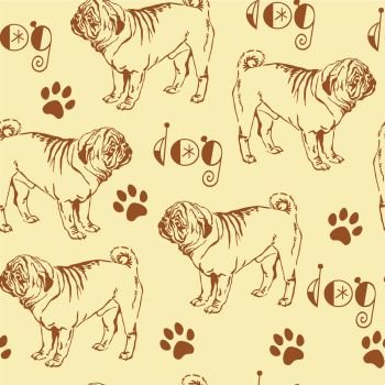 Seamless pattern with decorative contour brown dog pug on beige background