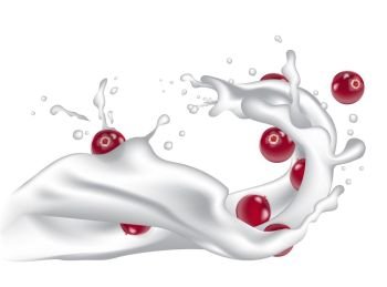 Milk splash wave with falling tumble cranberries for packaging design. Yogurt, pudding, smoothie or milk. Dairy 3d realistic splash with berries ads. Product promotion package template. Vector.