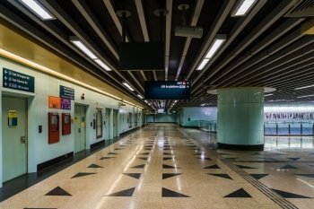 No people at the Mass Rapid Transit station (MRT) Singapore. Singapore - March 25, 2017: Interior of MRT station. Mass Rapid Transit system forming the major component of the railway system in Singapore, entire city-state