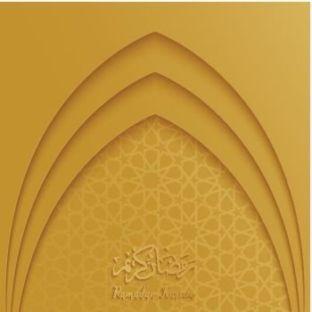 Ramadan Kareem greeting card template with mosque door and arabic pattern gold background