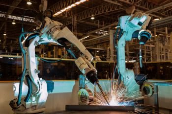 Industrial welding robots are movement in production line