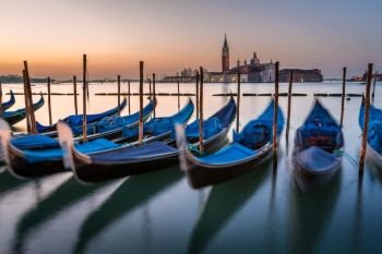 Gondolas, Grand Canal and San Giorgio Maggiore Church at Dawn, Venice, Italy