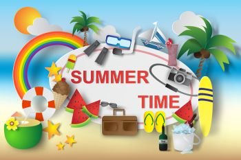 Paper art of summer time element banner background,travel,vector
