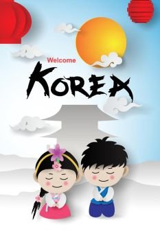 Paper art of Welcome Korea traditional  boy and girl in korean costume  with landmarks palace.vector illustration