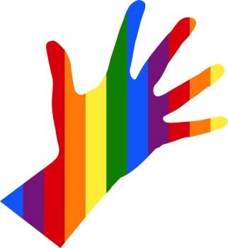 silhouette of left female hand in colors of flag LGBT,  support symbol