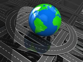 abstract 3d illustration of many roads around earth globe