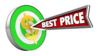 3d illustration of green target with best price arrow and dollar sign over white background