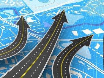 3d illustration of road choice concept over map background