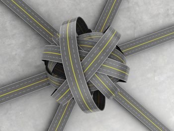 3d illustration of roads knot over concrete background