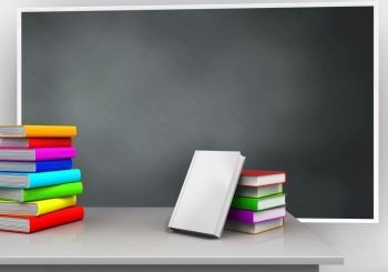 3d illustration of blackboard with books stack and pile of literature. 3d blank