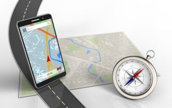 3d illustration of bright map with mobile phone navigation and compass. 3d road