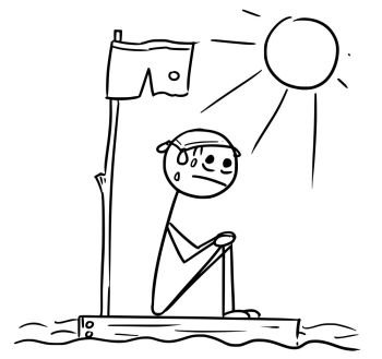 Cartoon vector stickman man lost sitting naked on the piece of wood raft from the ship wreck in the center of the ocean with Sun shining