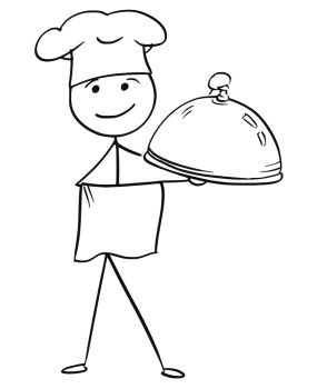 Cartoon vector stick man stickman drawing of male cook chef in chefs hat holding covered plate tray with food.