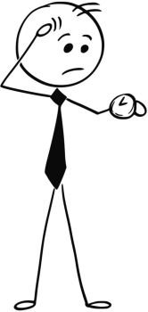 Cartoon stick man illustration of worried businessman looking at his watch.