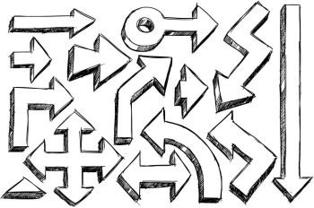 Set of various vector doodle sketch hatched hand drawing three dimensional arrows.
