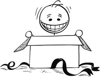 Cartoon stick man drawing illustration of happy smiling man looking in to open birthday gift box.