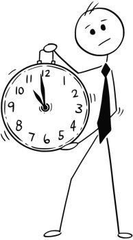 Cartoon stick man drawing conceptual illustration of businessman holding large clock. Business concept of time management.. Conceptual Cartoon of Businessman Holding Large Clock