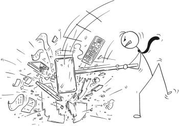 Cartoon of Angry Businessman Destroying Office Computer by Large Sledgehammer or Hammer. Cartoon stick man drawing conceptual illustration of angry businessman destroying his office computer by large sledgehammer or hammer.