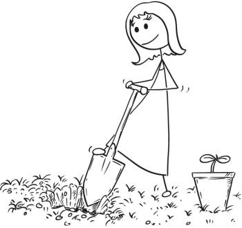 Cartoon of Gardener Woman Digging a Hole for Plant. Cartoon stick man drawing illustration of gardener on garden digging a hole for plant with shovel or spade.