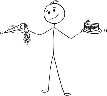 Cartoon of Man Deciding with Healthy and Unhealthy Food in Hands. Cartoon stick man drawing conceptual illustration of man with healthy vegetable carrot and unhealthy cake in hands. Concept of lifestyle and food decision.