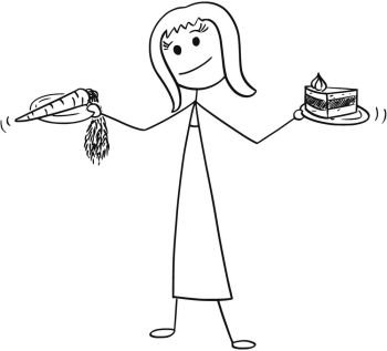 Cartoon of Woman Deciding with Healthy and Unhealthy Food in Hands. Cartoon stick man drawing conceptual illustration of woman with healthy vegetable carrot and unhealthy cake in hands. Concept of lifestyle and food decision.