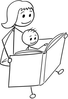 Cartoon of Mother and Son Reading a Book Together. Cartoon stick man drawing conceptual illustration of mother or mom reading a book together with son.
