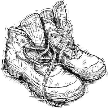 Vector Hand Drawing of Pair of Worn Hiking Boots. Vector artistic pen and ink hand drawing illustration of pair of worn hiking boots.