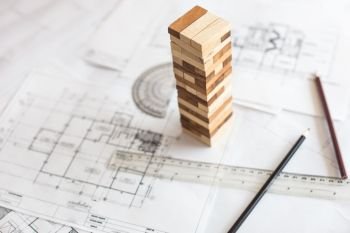 blueprint wooden block  tower, Planning, risk and strategy in business or architectural project