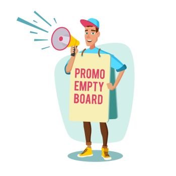Human Billboard Vector. Man Holding Empty Board. Social Or Political Movement. Isolated Flat Cartoon Character Illustration. Retail Sales Industry Promoters Vector. Person Standing With Blank Advertising Poster. Expressing Active Position For Rights. Man Holding Empty Board. Cartoon Character Illustration