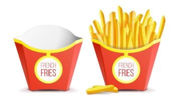 Realistic French Fries Potatoes Vector. Tasty Fast Food Potato. Empty And Full. Isolated On White Background Illustration. Realistic French Fries Vector. Red Paper Package. Empty And Full. Isolated On White Illustration