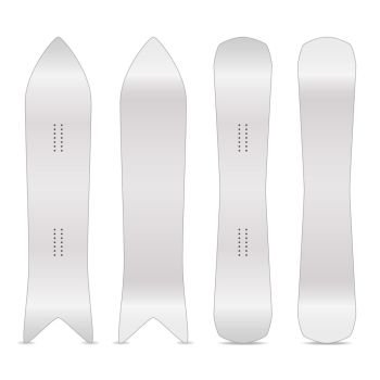 Snowboard Realistic Blank Set Vector. Empty Clean White Snowboards Template. Front, Back Sides. Different Types. Isolated Illustration. Snowboard Template Vector. Empty Clean White Snowboards Mock Up. Two Sides. Isolated Illustration. Ski Resort Activity