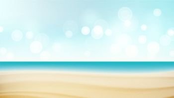 Beach Tropical Vector. Travel Seaside View Poster. Summer Holiday Vacation Concept. Ocean Illustration. Beach Summer Seaside Vector Background. Bokeh Sky Light Wave. Blue Sky With Copy Space. Tourism Trip Illustration