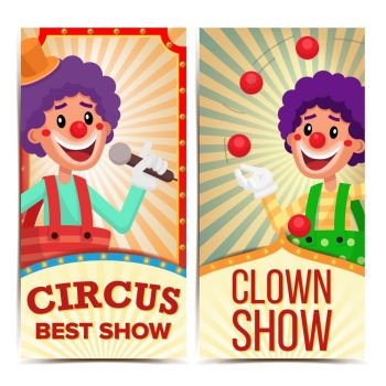 Circus Clown Vertical Banners Template Vector. Amazing Show Poster Template. Amusement Park Party. Carnival Festival Background. Illustration. Circus Clown Vertical Banners Template Vector. Amazing Show Poster Template. Amusement Park Party. Carnival Festival Background