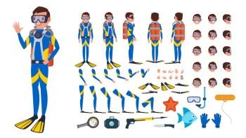 Diver Man Vector. Animated Character Creation Set. Under Water. Scuba Diver. Snorkeling Diving. Full Length, Front, Side, Back View, Poses, Face Emotions, Gestures. Isolated Flat Cartoon Illustration. Diver Man Vector. Animated Character Creation Set. Under Water. Scuba Diver. Snorkeling Diving. Full Length, Front, Side, Back View, Poses Face Emotions Gestures Illustration