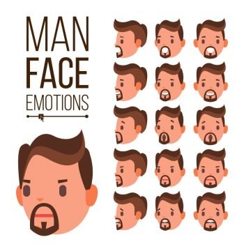 Man Emotions Vector. Different Male Face Avatar Expressions Set. Emotional Set For Animation. Isolated Flat Cartoon Illustration. Man Emotions Vector. Handsome Face Man. Cute, Joy, Laughter, Sorrow. Human Psychological Portraits. Isolated Flat Cartoon Illustration