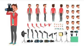 Photographer Vector. Taking Pictures. Animated Man Character Creation Set. Full Length, Front, Side, Back View, Accessories, Poses, Face Emotions, Gestures. Isolated Flat Cartoon Illustration. Photographer Vector. Taking Pictures. Animated Man Character Creation Set. Full Length, Front, Side, Back View. Isolated Flat Cartoon Illustration