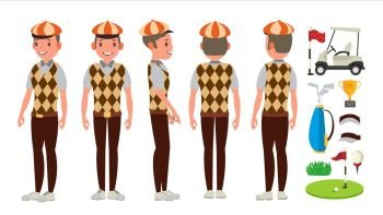 Golf Player Vector. Playing Golfer Male. Different Poses. Isolated Flat Cartoon Character Illustration. Classic Golf Player Vector. Swing Shot On Course. Diferent Poses. Flat Cartoon Illustration