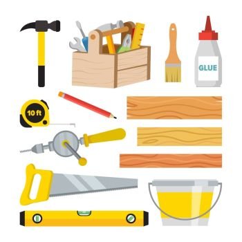 Carpentry And Woodwork Tools Set Vector. Repair And Building Accessories. Board, Hammer, Toolbox, Brush, Glue, Pencil, Tape Measure, Saw, Ruler, Bucket, Drill. Isolated Flat Cartoon Illustration. Carpentry And Woodwork Tools Set Vector. Repair And Building Accessories. Board, Hammer, Toolbox, Brush, Glue, Pencil, Tape Measure, Saw Ruler Bucket Drill Isolated Illustration