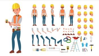 Electrician Vector. Animated Character Creation Set. Electronic Tools And Equipment. Full Length, Front, Side, Back View, Accessories, Poses, Face Emotion, Gestures. Isolated Flat Cartoon Illustration. Electrician Vector. Animated Character Creation Set. Electronic Tools And Equipment. Full Length, Front, Side, Back View, Accessories, Poses, Face Emotion Gestures Isolated Cartoon Illustration