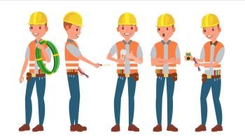 Professional Electrician Vector. Different Poses. Performing Electrical Work. Isolated On White Cartoon Character Illustration. Electrician Vector. Different Poses. Working Process. Flat Cartoon Illustration