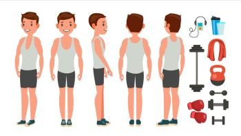 Fitness Man Vector. Different Poses. Lifestyle Design. Exercise And Athlete. Isolated Flat Cartoon Character Illustration. Fitness Man Vector. Different Poses. Work Out. Active Fitness. Flat Cartoon Illustration