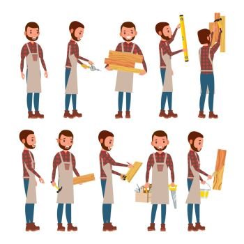 Professional Carpenter Vector. Foreman. Male In Different Poses. Profession. Flat Cartoon Illustration. Classic Carpenter Vector. Joiner, Foreman, Engineer Flat Cartoon Illustration