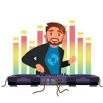 Dj Vector. Playing Disco House Music. Stylish Man. Headphones. Concert Concept. Isolated Flat Cartoon Character Illustration. Classic Dj Vector. Playing Progressive Electro Music. Dj Playing, Mixing Music On Deck. Studio Concept. Cartoon Character Illustration