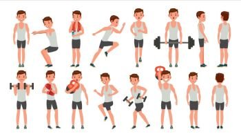 Fitness Man Vector. Different Poses. Weight Training. Exercising Male. Man Figures Is Training On Sport Club. Isolated On White Cartoon Character Illustration. Fitness Man Vector. Different Poses. Lifestyle Design. Exercise And Athlete. Isolated Flat Cartoon Character Illustration