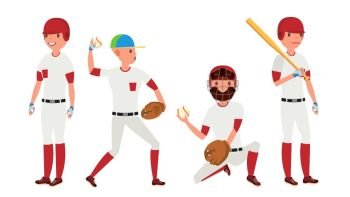 Sport Baseball Player Vector. Classic Uniform. Player Pitching On Field. Dynamic Action On The Stadium. Cartoon Character Illustration. Classic Baseball Player Vector. Classic Uniform. Different Action Poses. Flat Cartoon Illustration