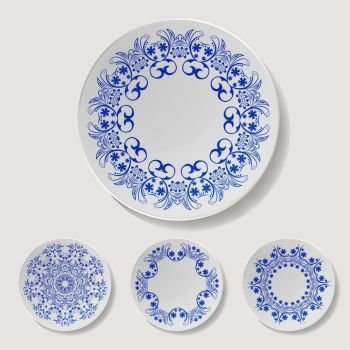 Realistic Plate Vector Set. Closeup Porcelain Tableware Isolated. Ceramic Kitchen Dish Top View. Cooking Template For Food Presentation.. Realistic Plate Vector Set. Closeup Porcelain Tableware Isolated. Ceramic Kitchen Dish Top View. Template For Food Presentation.